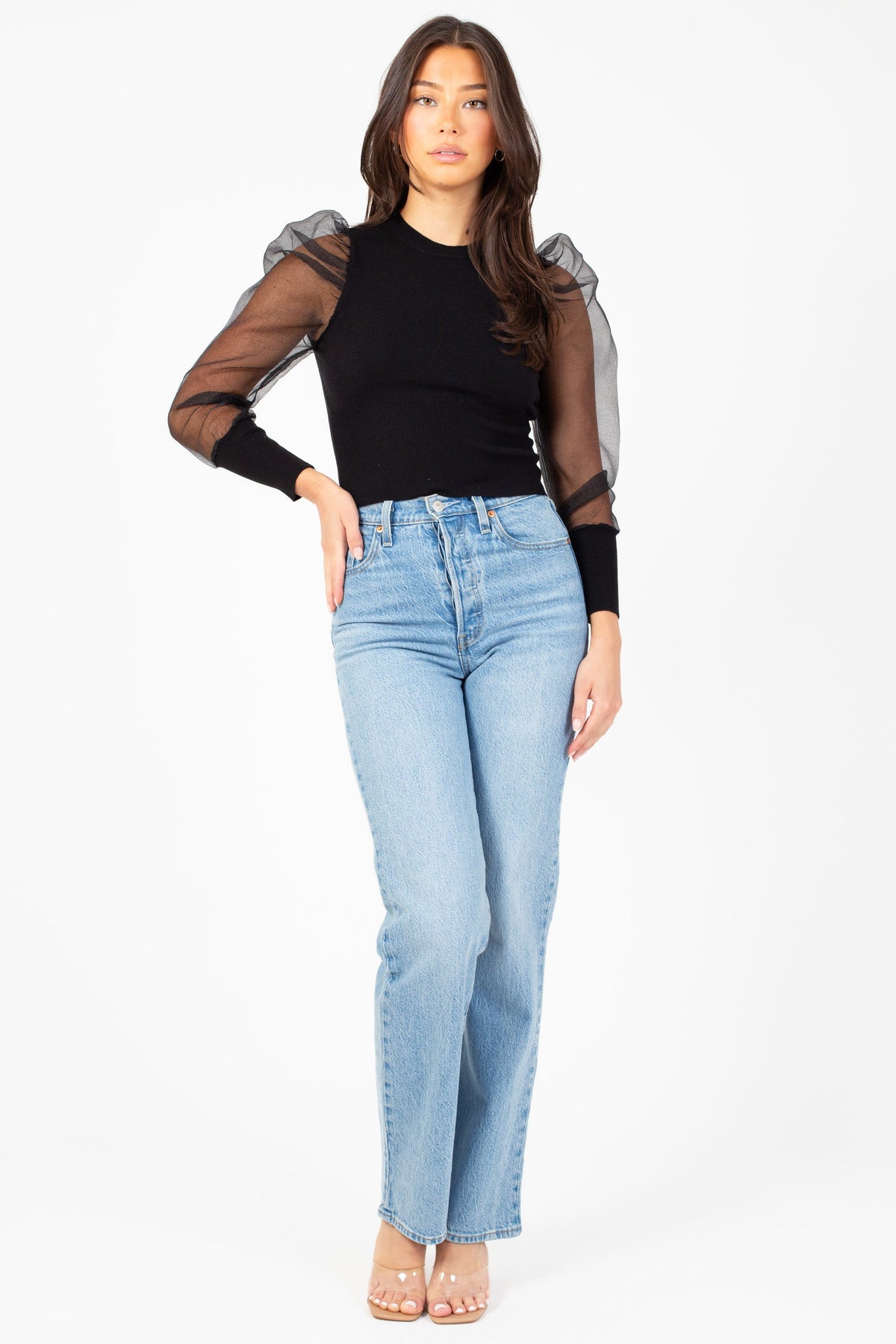 Maddie Organza Puff Sleeve Knit Top