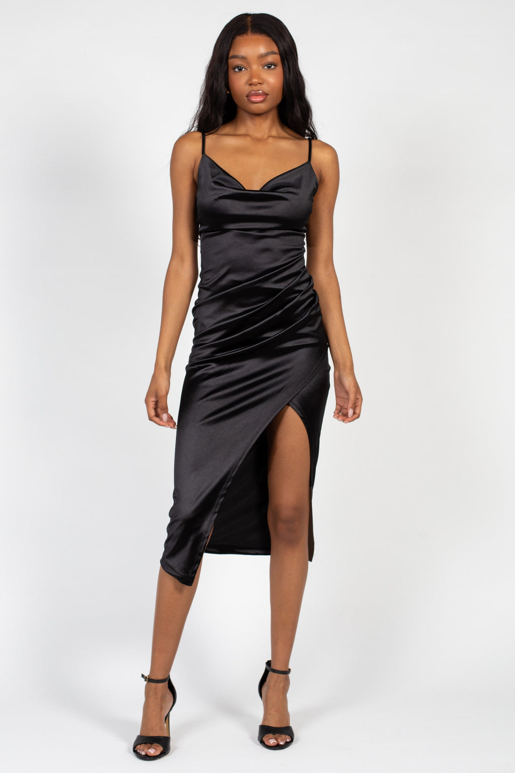 Amaya Side Slit Satin Midi Dress