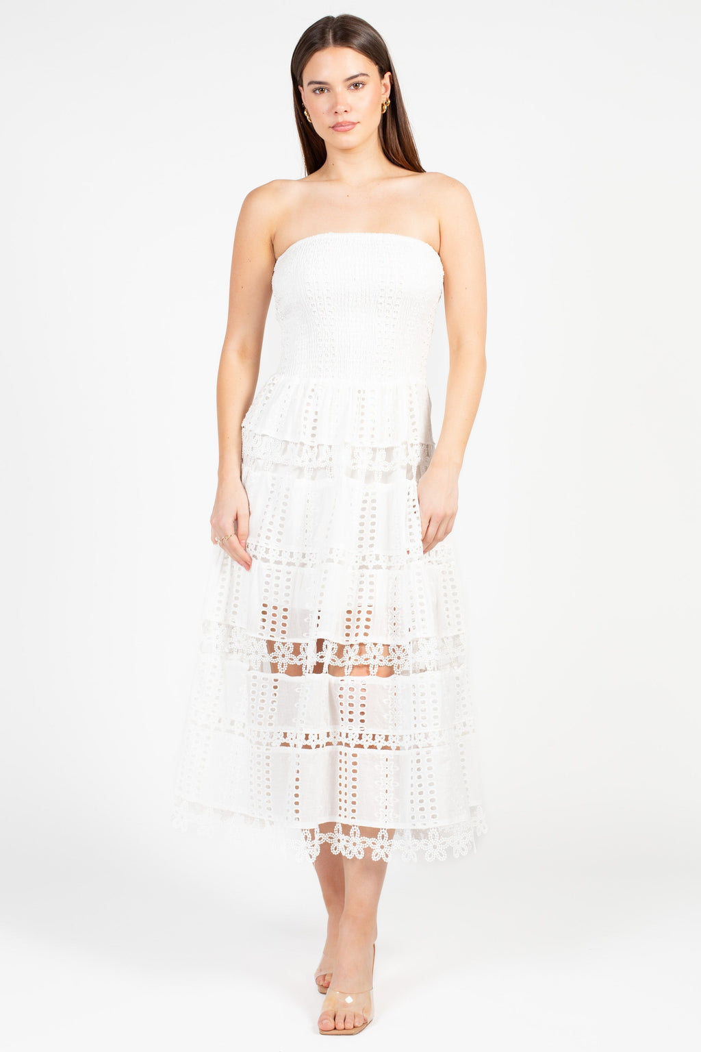 Mia Strapless Eyelet Midi Dress