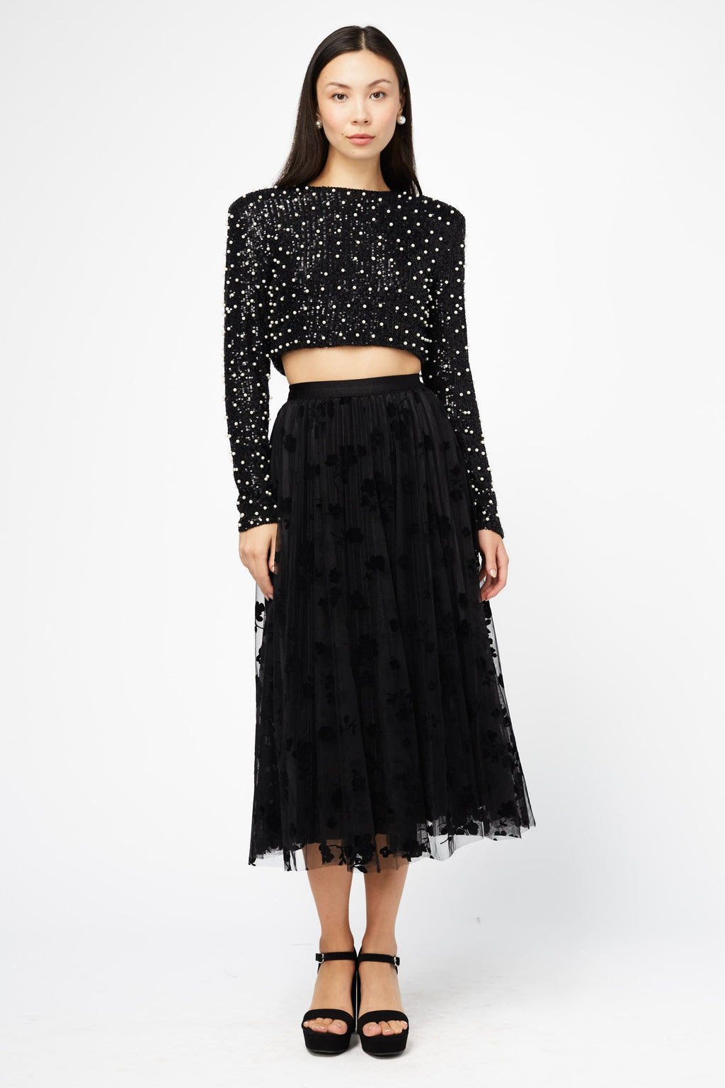 Hayden Floral Mesh Pleated Midi Skirt