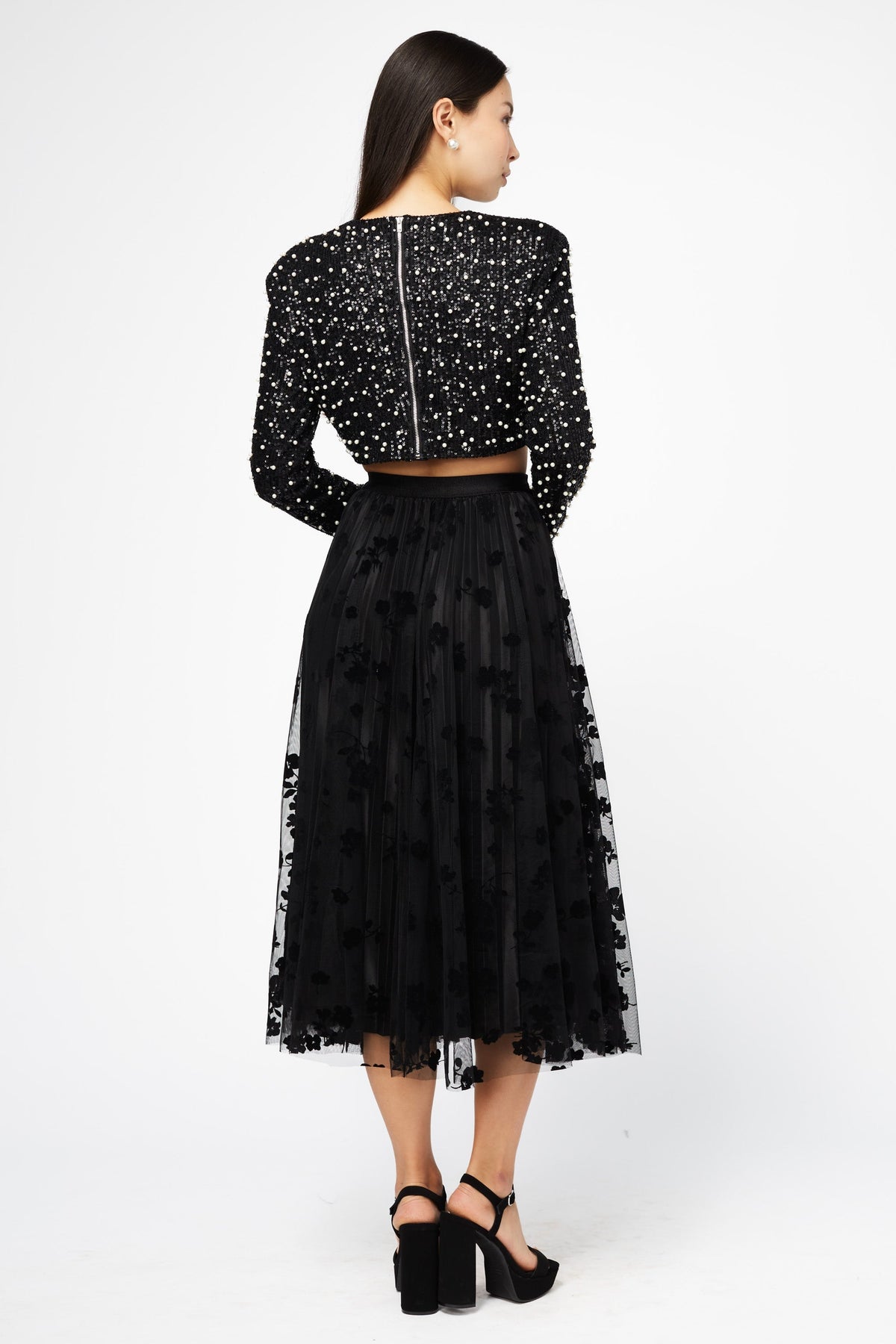 Hayden Floral Mesh Pleated Midi Skirt