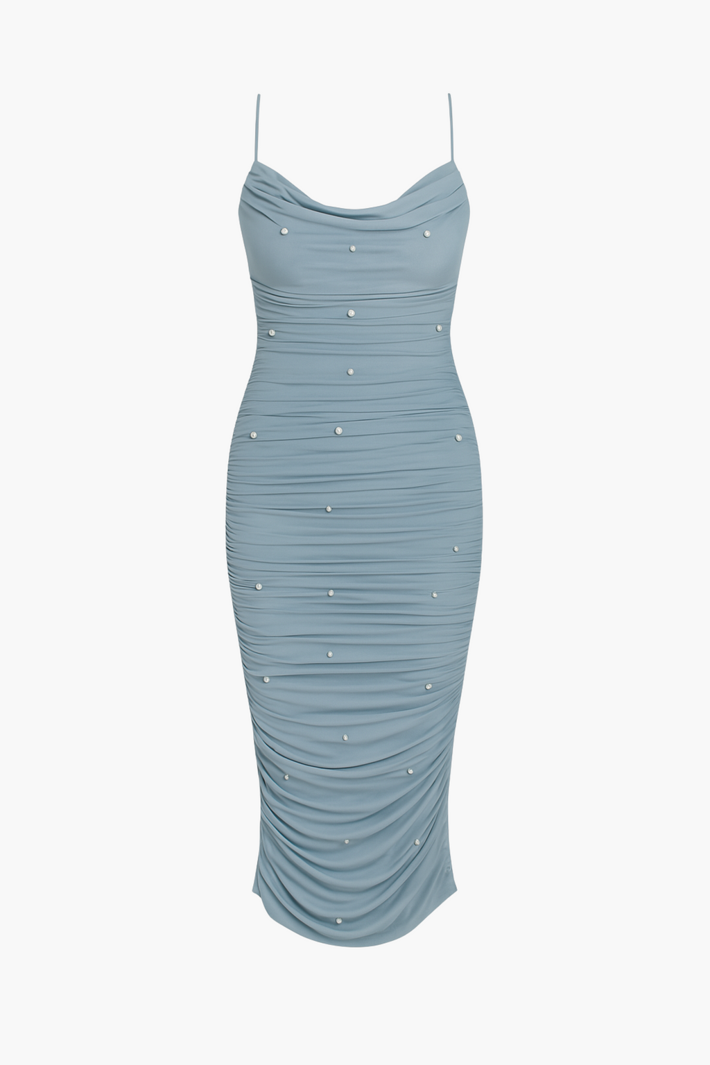 Kehlani Pearl Mesh Ruched Midi Dress