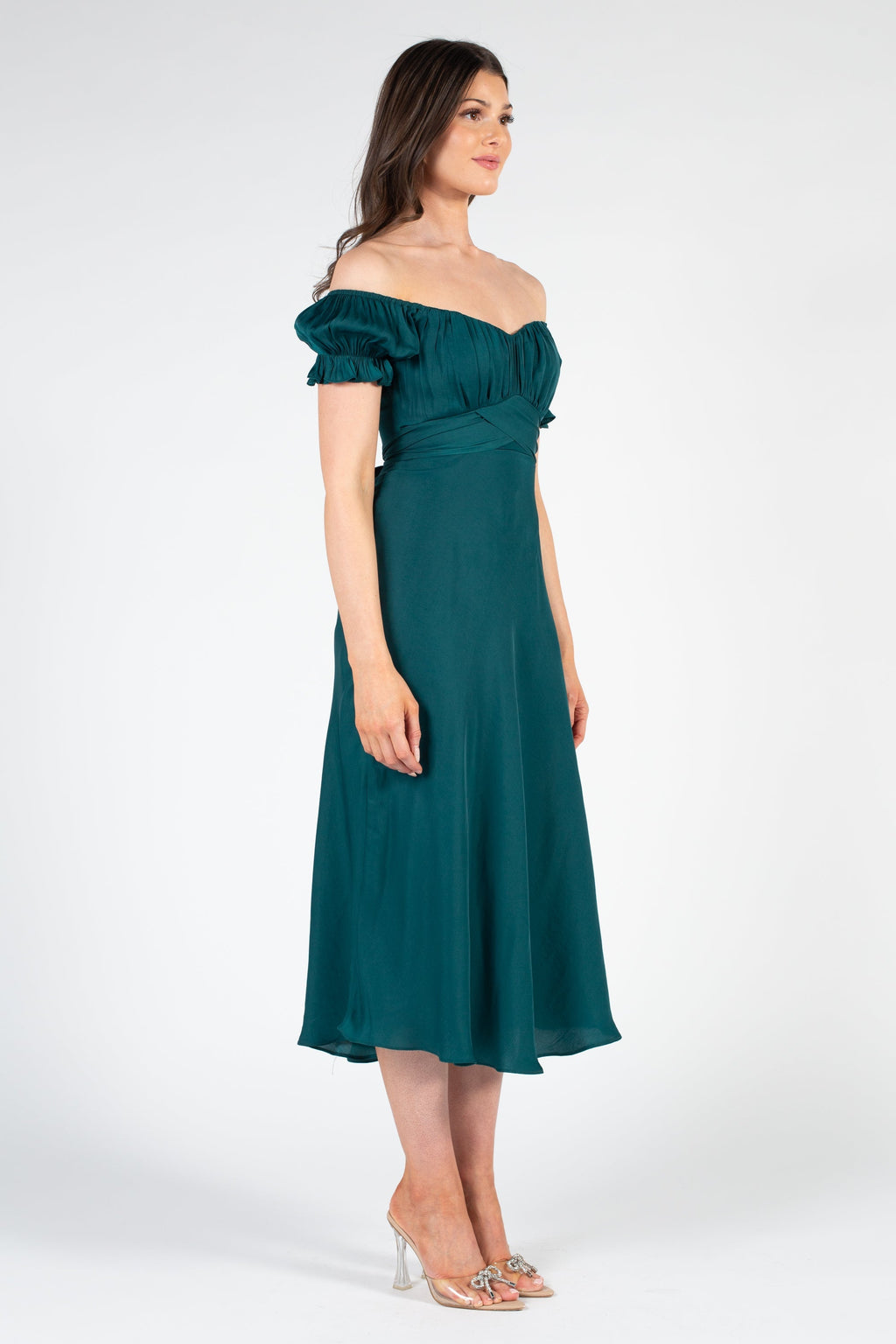 Cindy Satin Off-The-Shoulder Midi Dress