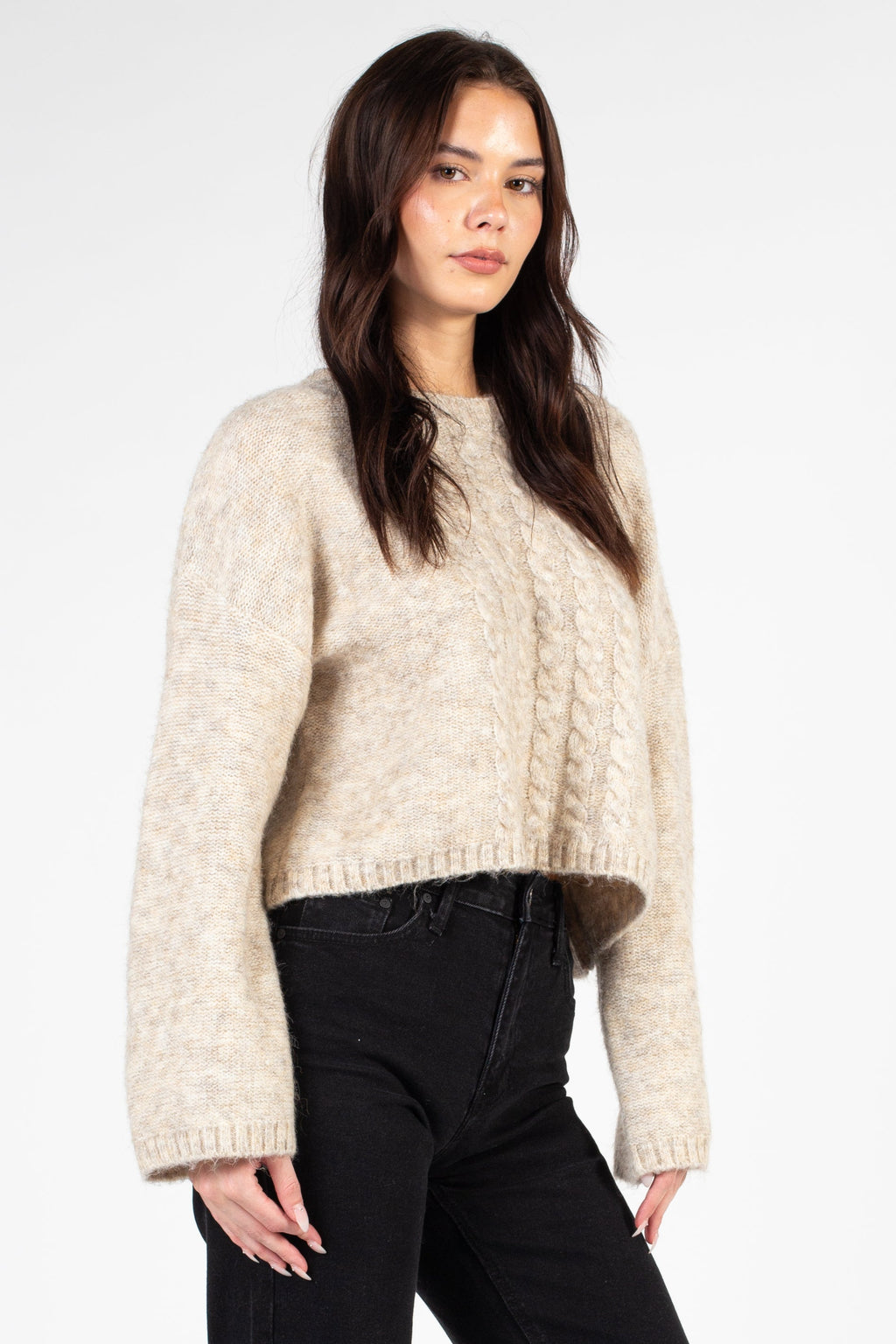 Lyla + Luxe Madge Crewneck Braid Front Sweater