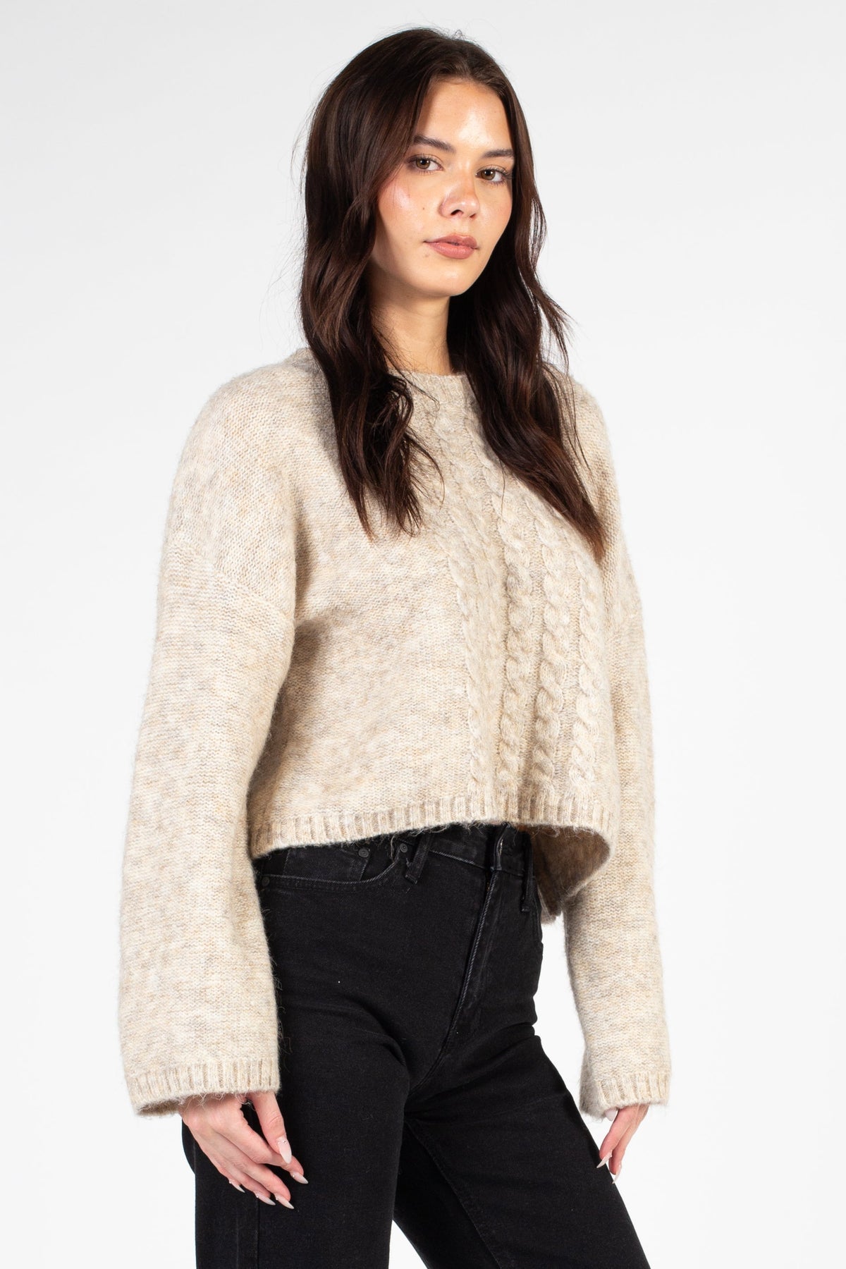 Lyla + Luxe Madge Crewneck Braid Front Sweater