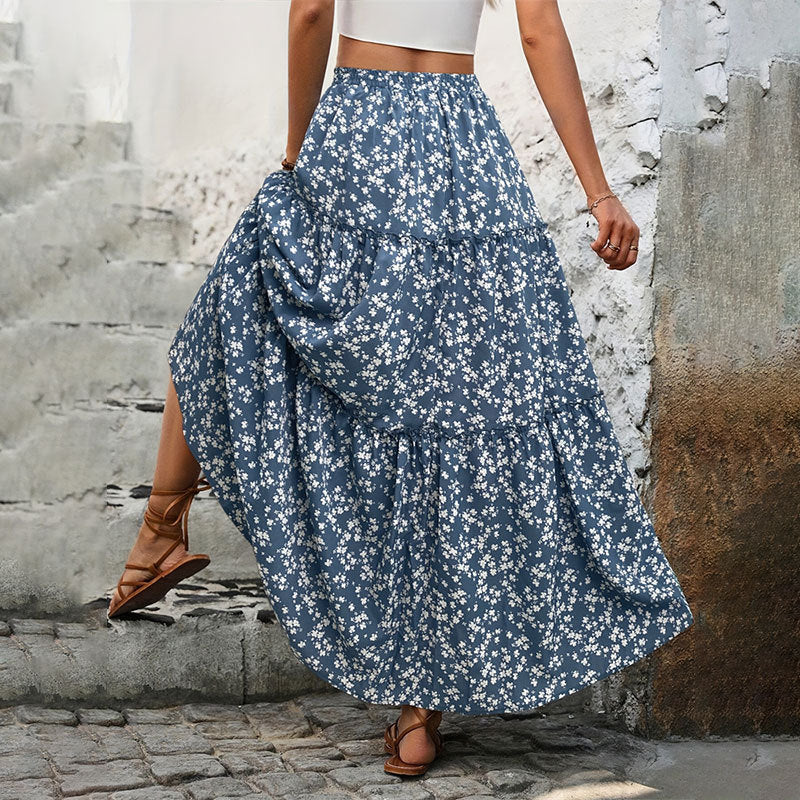 Small floral belt three-layer splicing long skirt