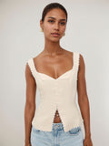 Women's French retro cotton and linen lace splicing fashion breasted suspenders solid color sleeveless vest top summer