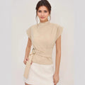 Semi-turtleneck collar short-sleeved beige fabric waist model