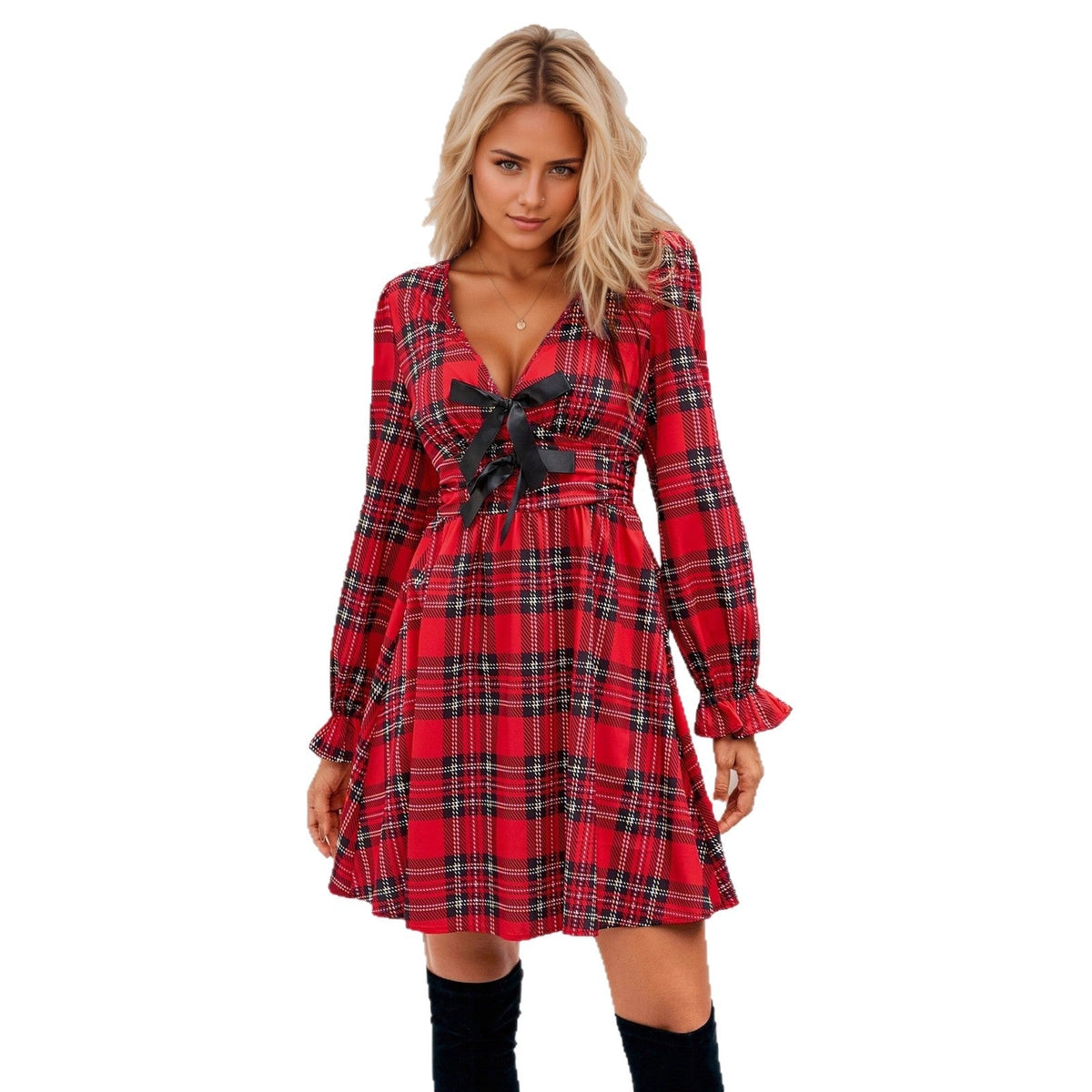 Bow deep V-neck lantern sleeve A-shaped skirt waist plaid dress