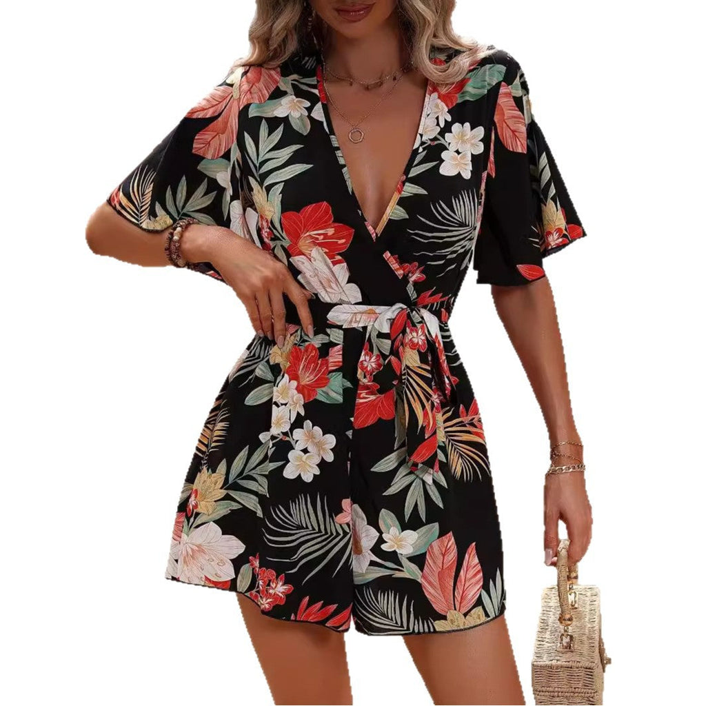 Beach Vacation Lotus Leaf Sleeve Cross Neck Belt Short Culottes Women's Loose Printed Jumpsuit