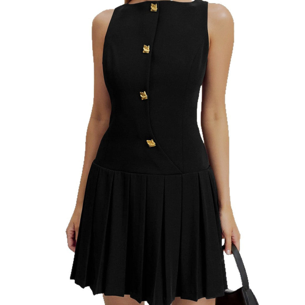 Personalized wide pendulum pleated waist solid color sleeveless short dress