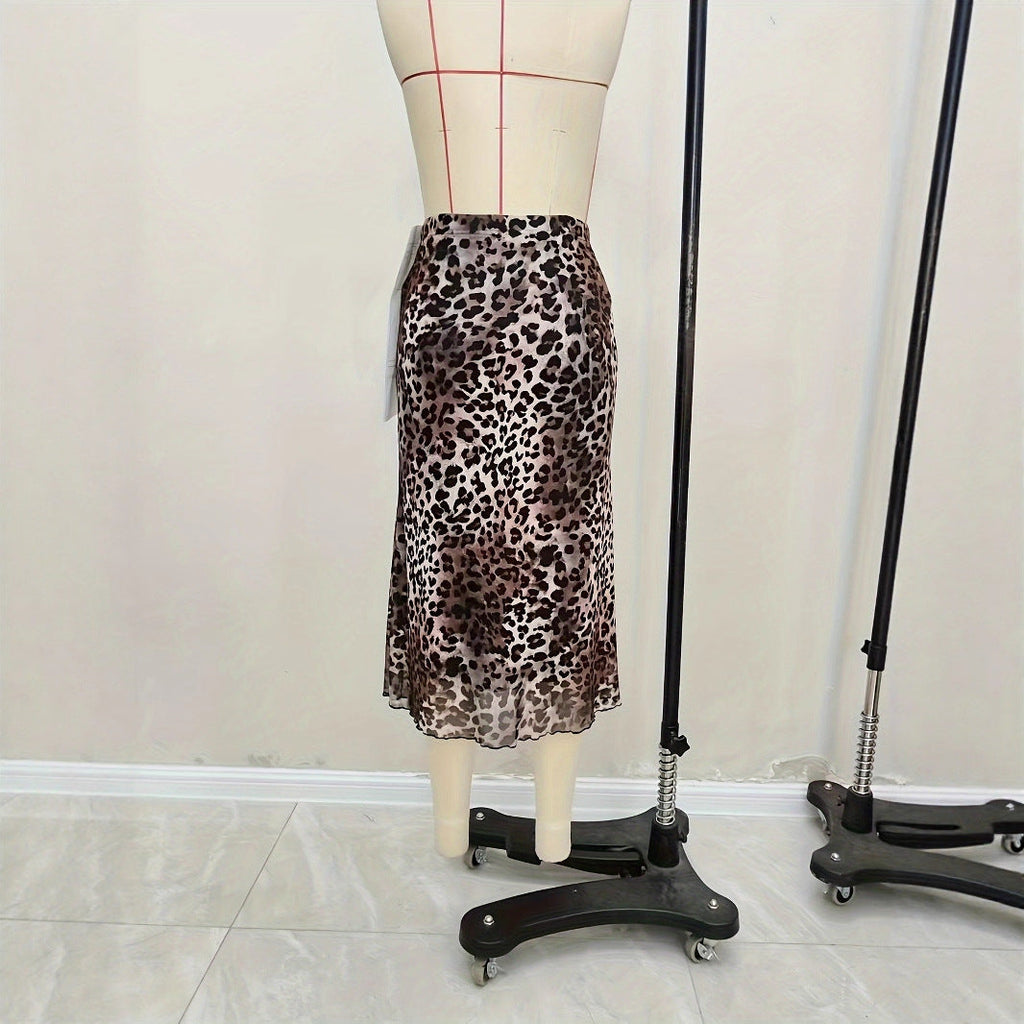 Leopard print elastic mesh see-through skirt foreign trade knitted versatile fishtail skirt long skirt