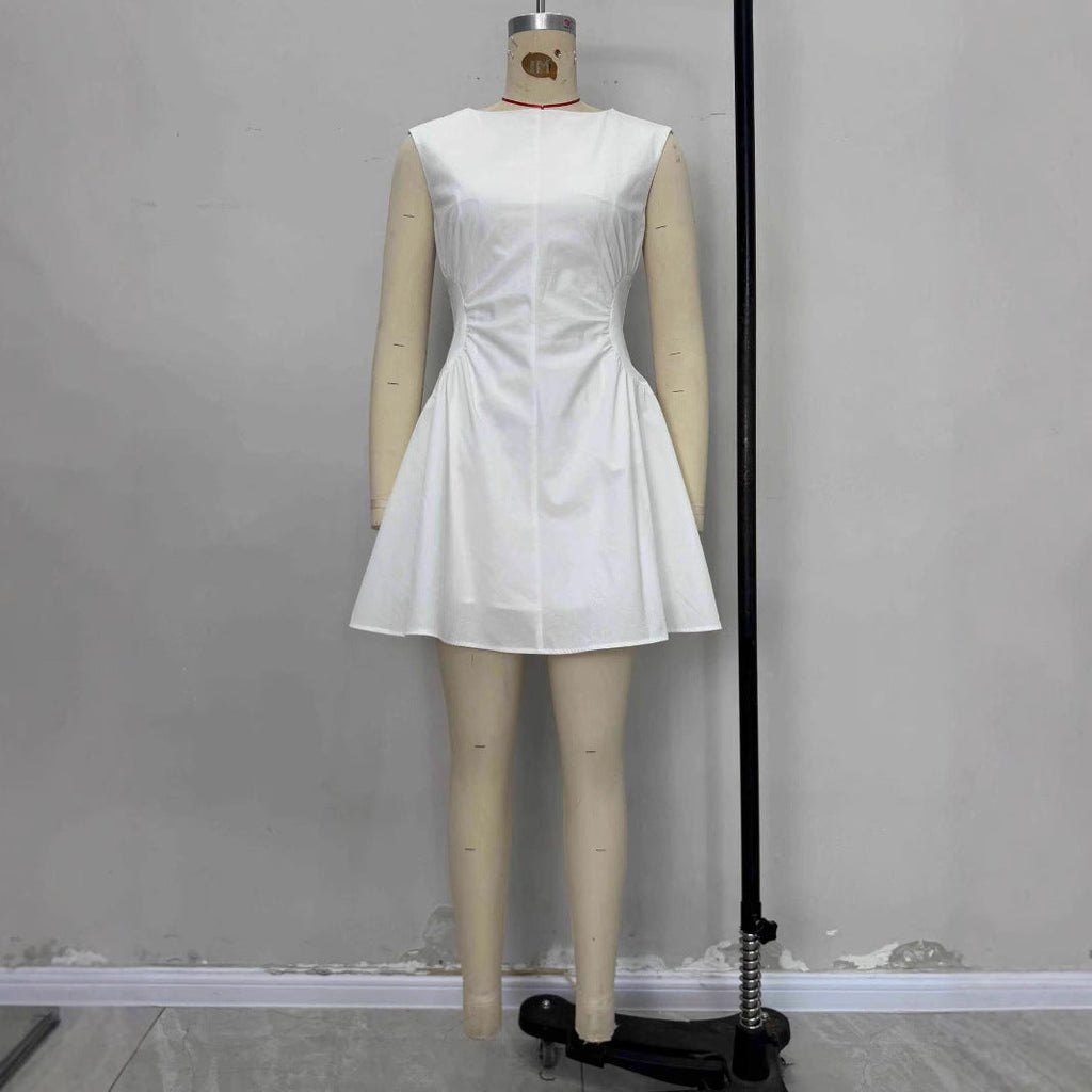 Solid color versatile one-word collar dress
