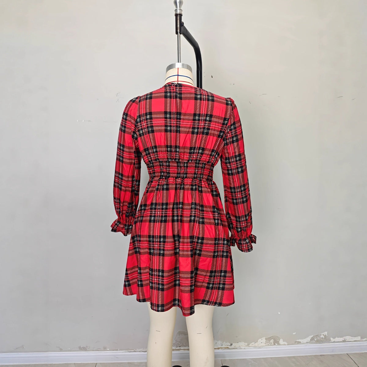 Bow deep V-neck lantern sleeve A-shaped skirt waist plaid dress