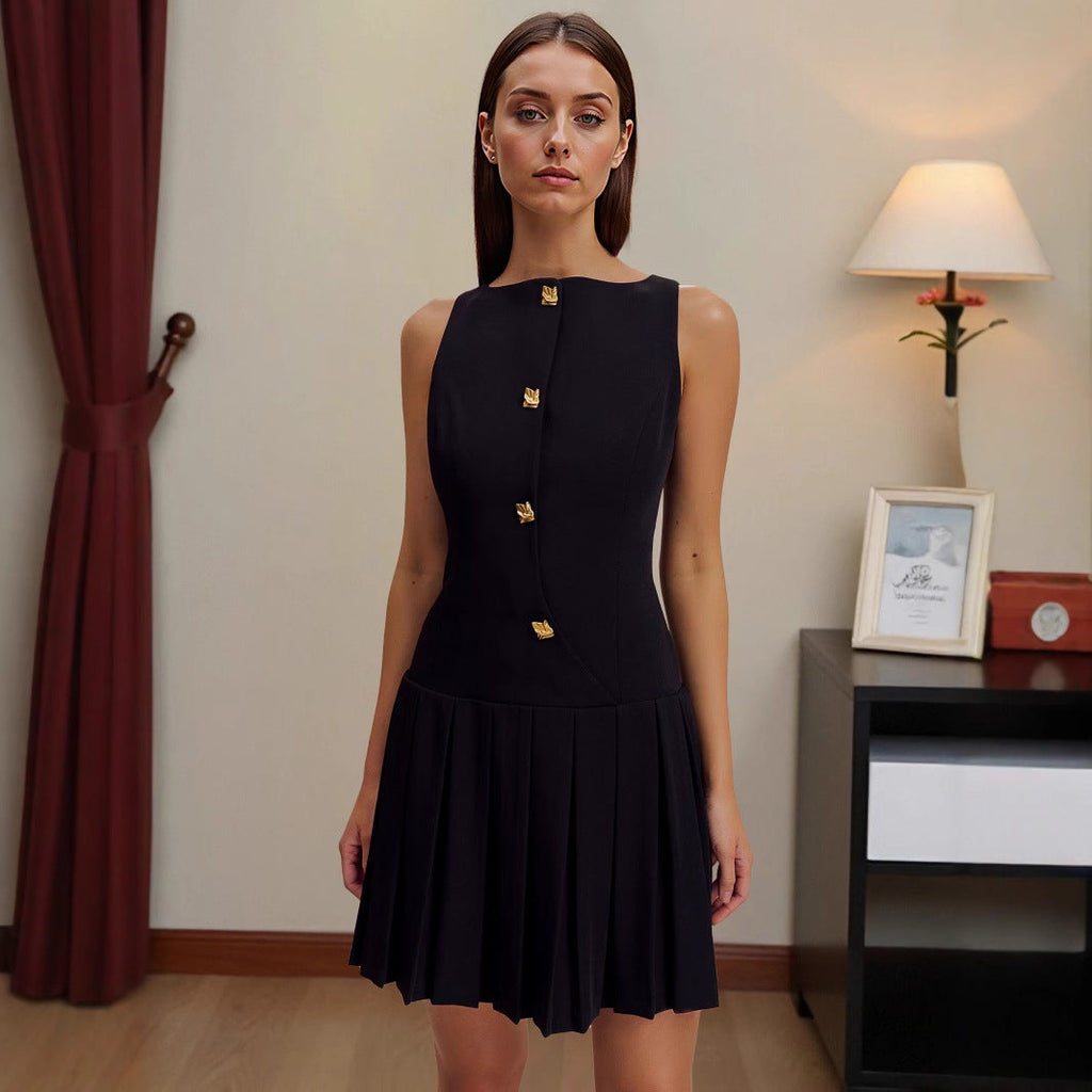 Personalized wide pendulum pleated waist solid color sleeveless short dress