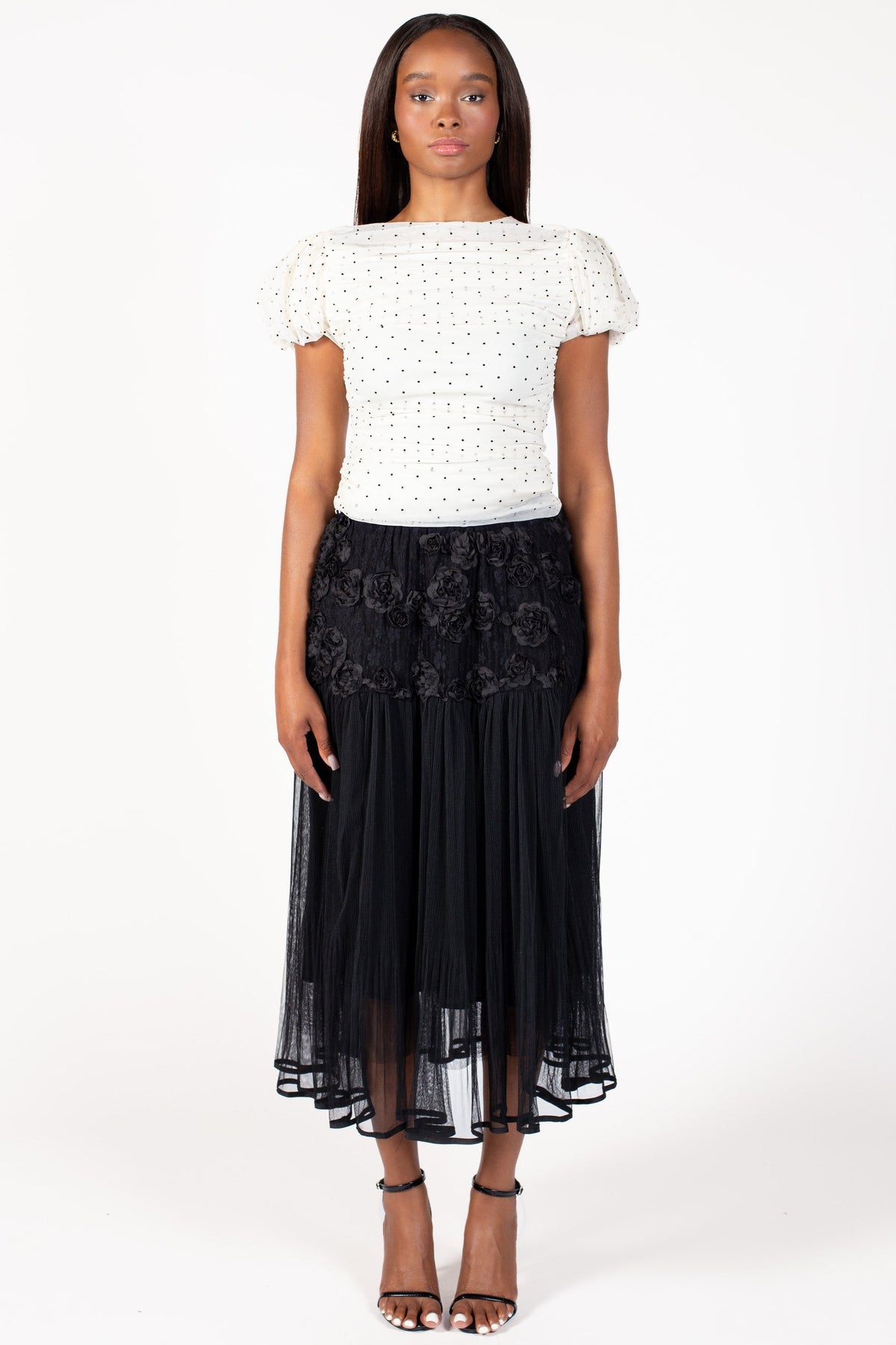 Angelica Mesh Ruched Polka Dot Blouse
