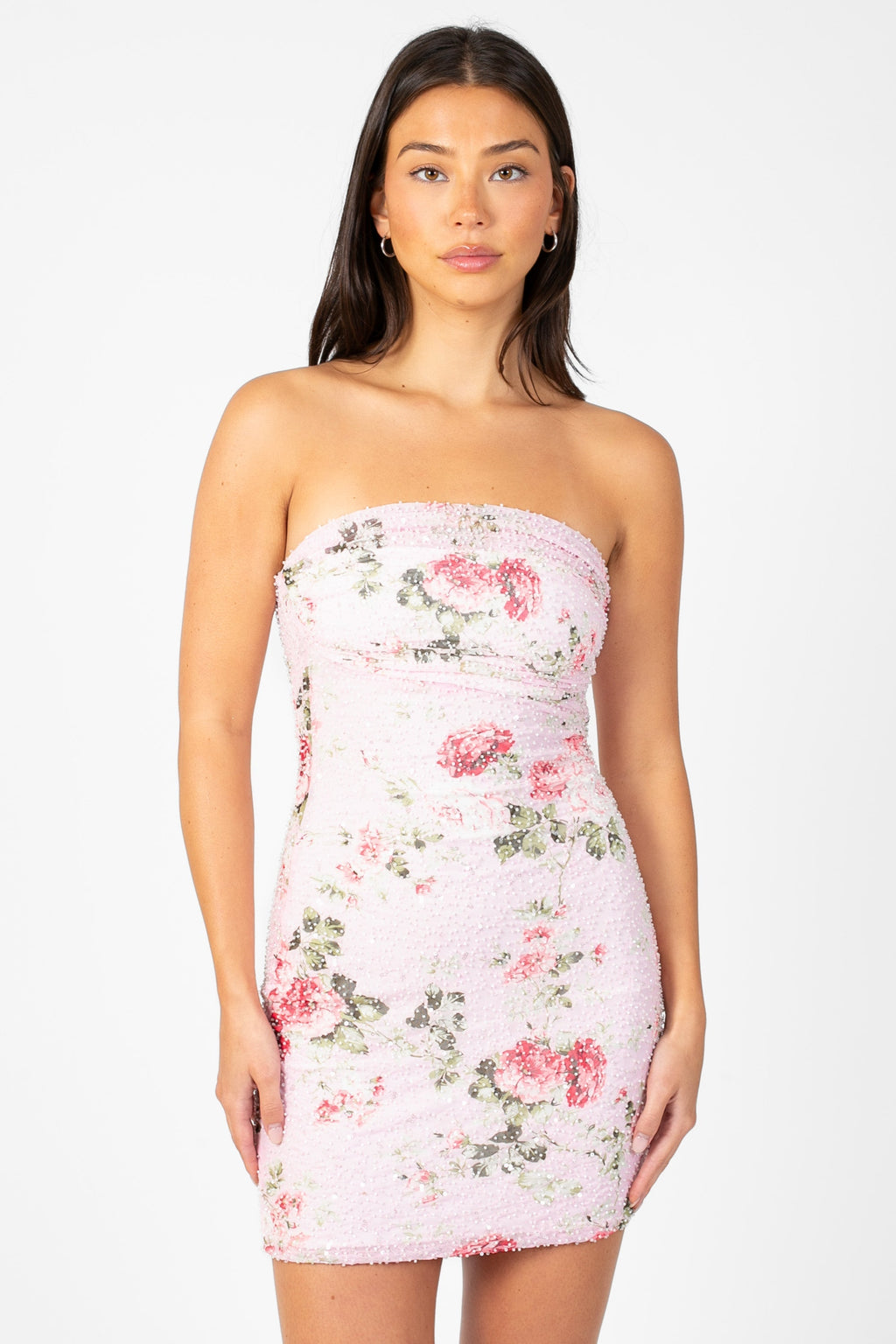 Posey Mesh Ruched Floral Mini Dress
